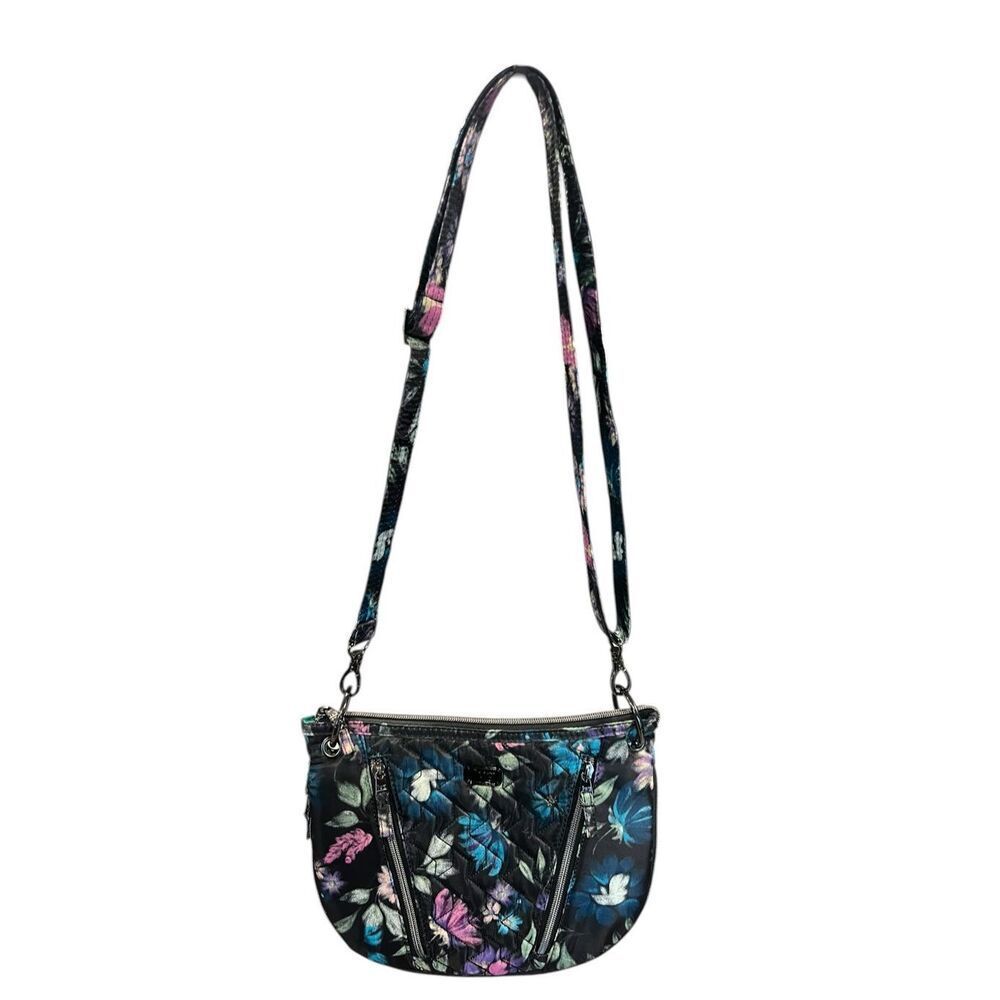 Lug Swivel Convertible Crossbody Bag Bloom Black floral expandable gusset purse